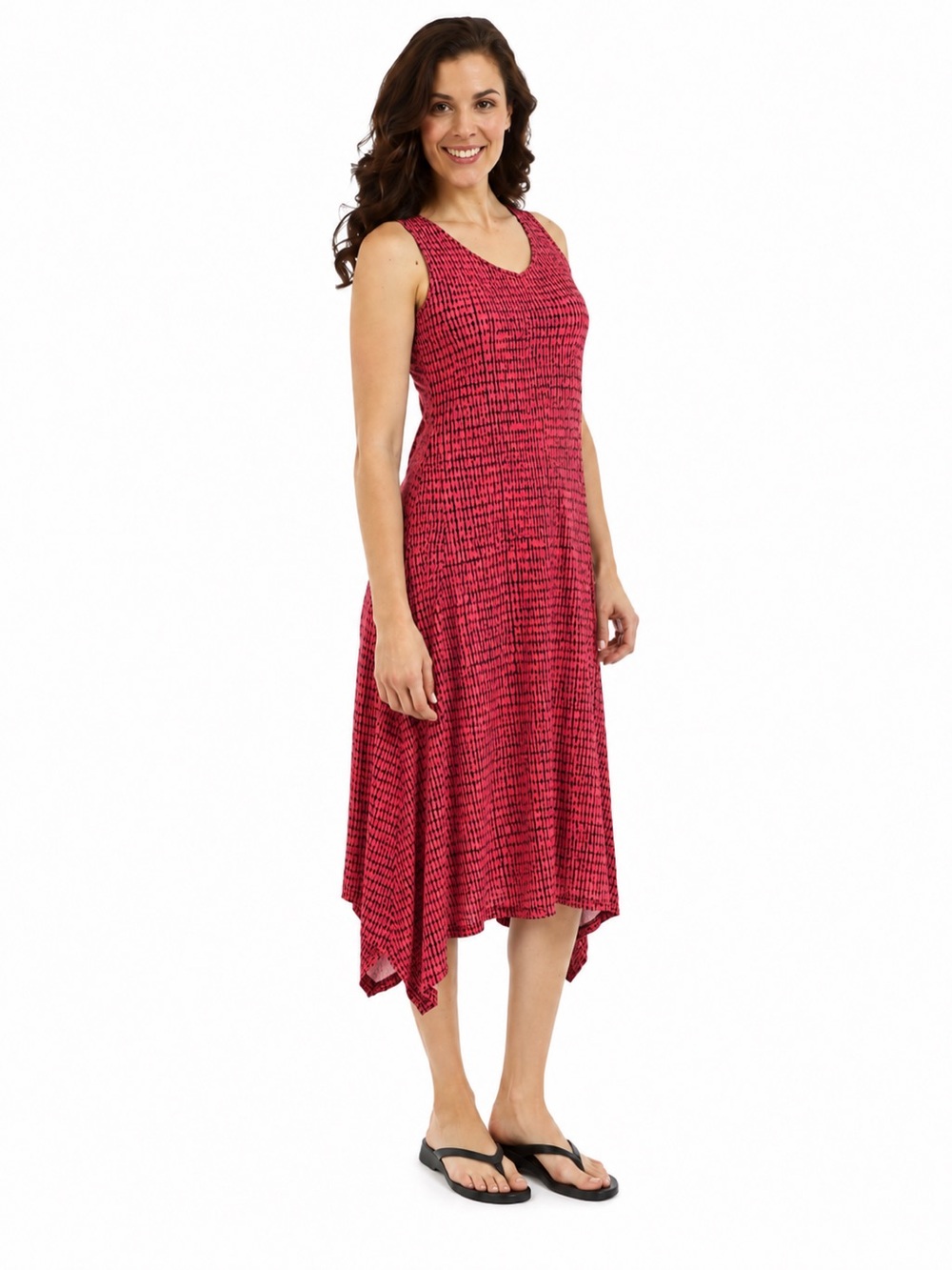 DKR Apparel Long V-Neck Asymmetrical Dress-Coral/Black Print